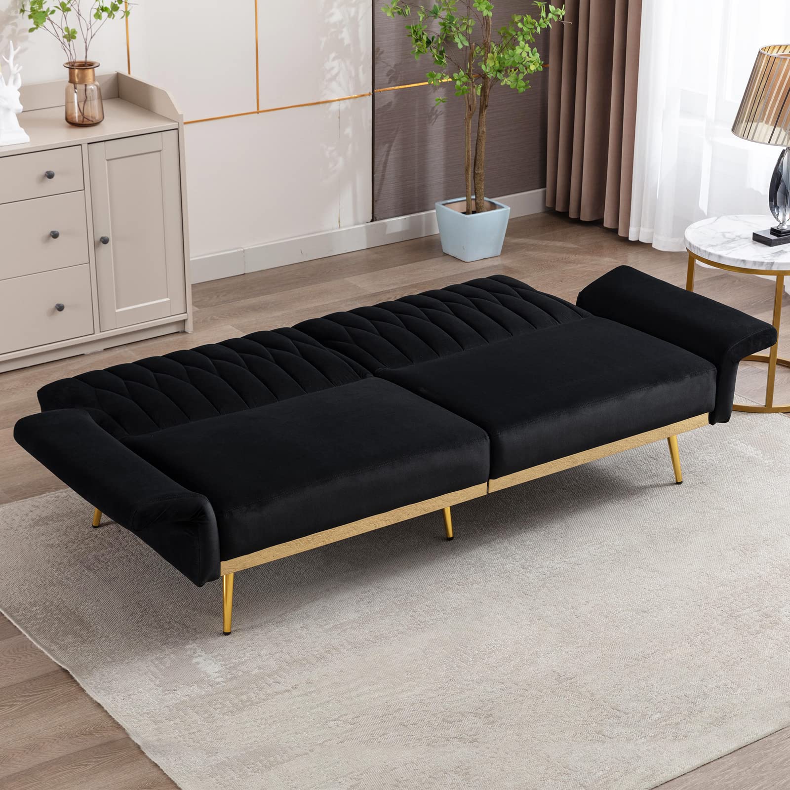 TTGIEET Velvet Convertible Futon Sofa Bed with Golden Metal Legs, 70" Tufted Loveseat Couch Sleeper Futon Sofa with Adjustable Armrests for Home Living Room Bedroom (Black)