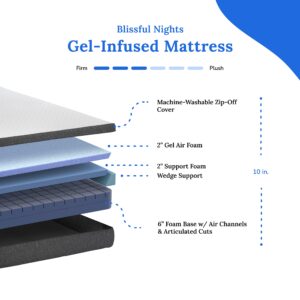 Blissful Nights e3 Cal King Split Adjustable Bed Base Frame with 10" Medium Firm Gel Infused Memory Foam Mattress