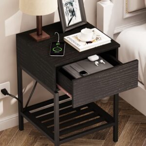 ChooChoo Nightstand with Charging Station and USB Ports, Rustic Side End Table with Drawer and Metal Shelf, Bedside Table for Small Spaces, Bedroom, Black