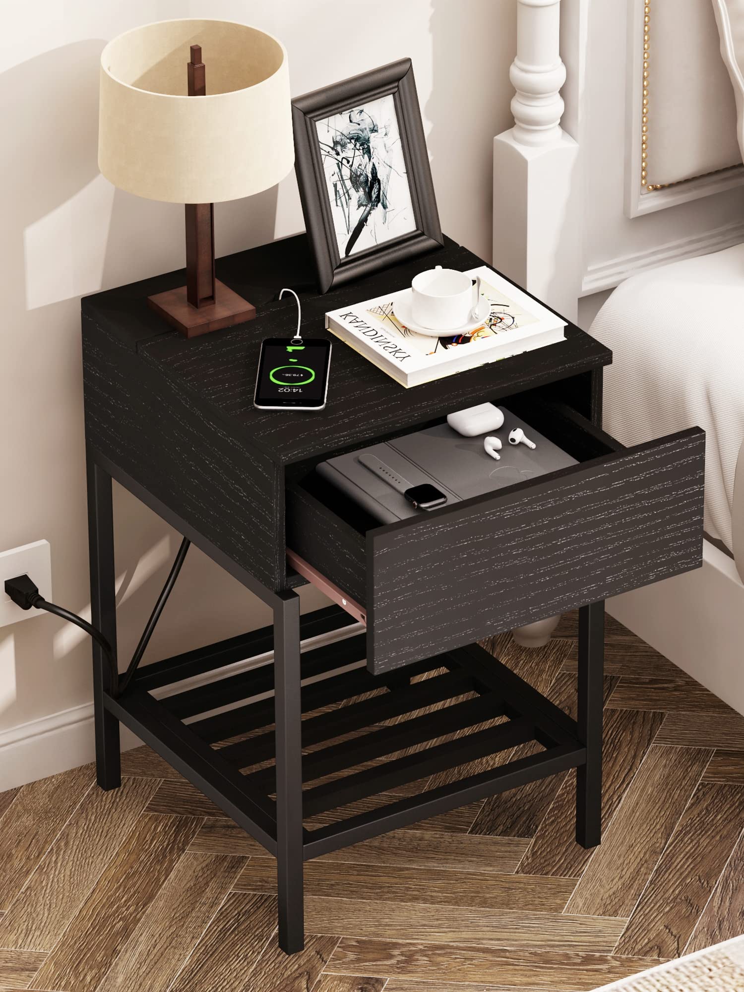 ChooChoo Nightstand with Charging Station and USB Ports, Rustic Side End Table with Drawer and Metal Shelf, Bedside Table for Small Spaces, Bedroom, Black