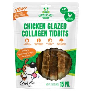 chewer's joy chicken glazed collagen tidbits 15pk 6" for dogs, premium quality. high protein, promotes joint, skin, gut health & shiny coat. bully stick & rawhide alternative. long lasting chew.