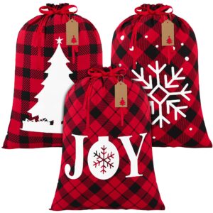 aneco 3 pieces christmas drawstring gift bags red and black plaid drawstring bags with 24 kraft paper tags and 16 feet rope cotton xmas gift bags for christmas party supplies, 24 x 18 inch