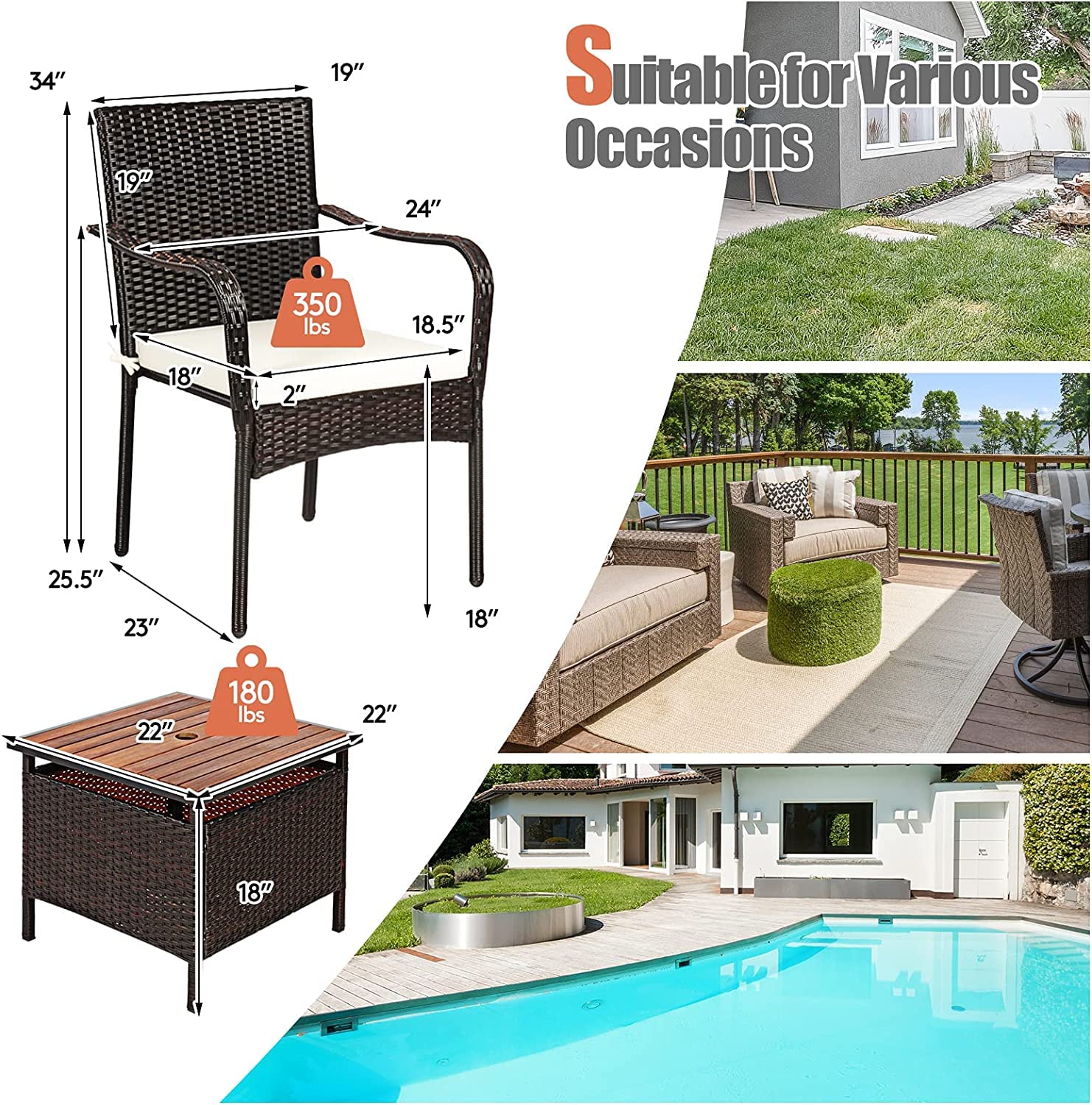 HAPPYGRILL 3-Piece Patio Bistro Set with Coffee Table & Umbrella Hole, Rattan Wicker Chairs Set with Umbrella Stand Table, Soft Cushions, Outdoor Furniture Set for Balcony Porch Poolside Garden