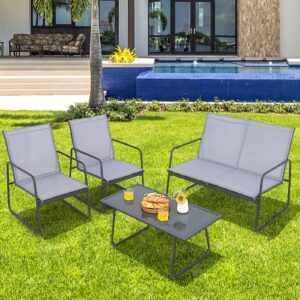 Tangkula 4 Pieces Patio Furniture Set, Outdoor Conversation Set with Tempered Glass Coffee Table, Metal Frame, Breathable Fabric, Indoor & Outdoor Chat Set of 4, for Patio, Poolside, Garden (Gray)