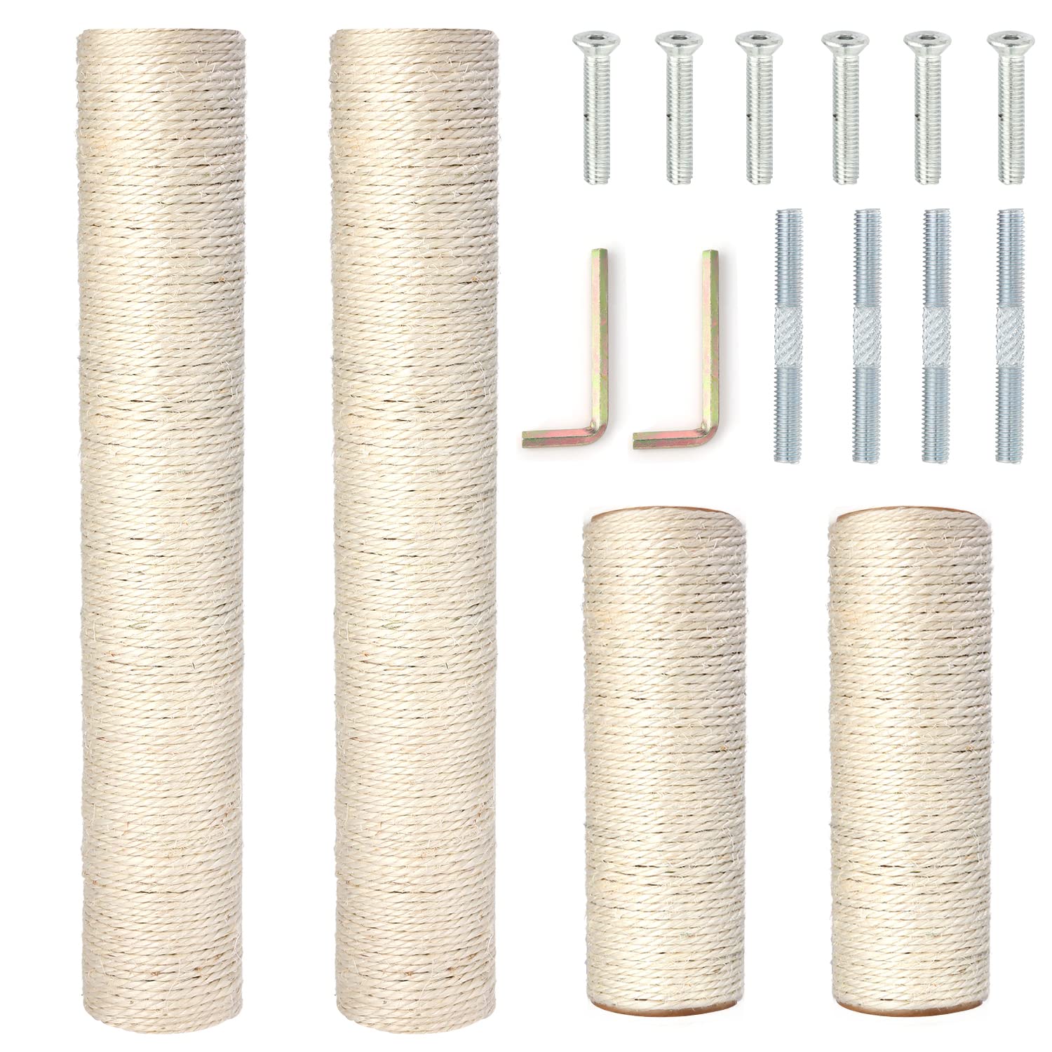 PowerKing Natural Sisal Replacement Scratching Post, 4 Pieces M8 Cat Scratch Post Refill Pole Parts for Refurbishment, White, Include Screws,15.74''+15.74''+7.87''+7.87''