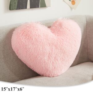 XeGe Cute Double-Sided Faux Fur Heart Pillow, Plush Shaggy Decorative Throw Pillow, 15"x17" Cozy Fluffy Heart Shaped Pillow with Insert, Furry Accent Pillow for Girls/Women/Kids/Children Gift, Pink