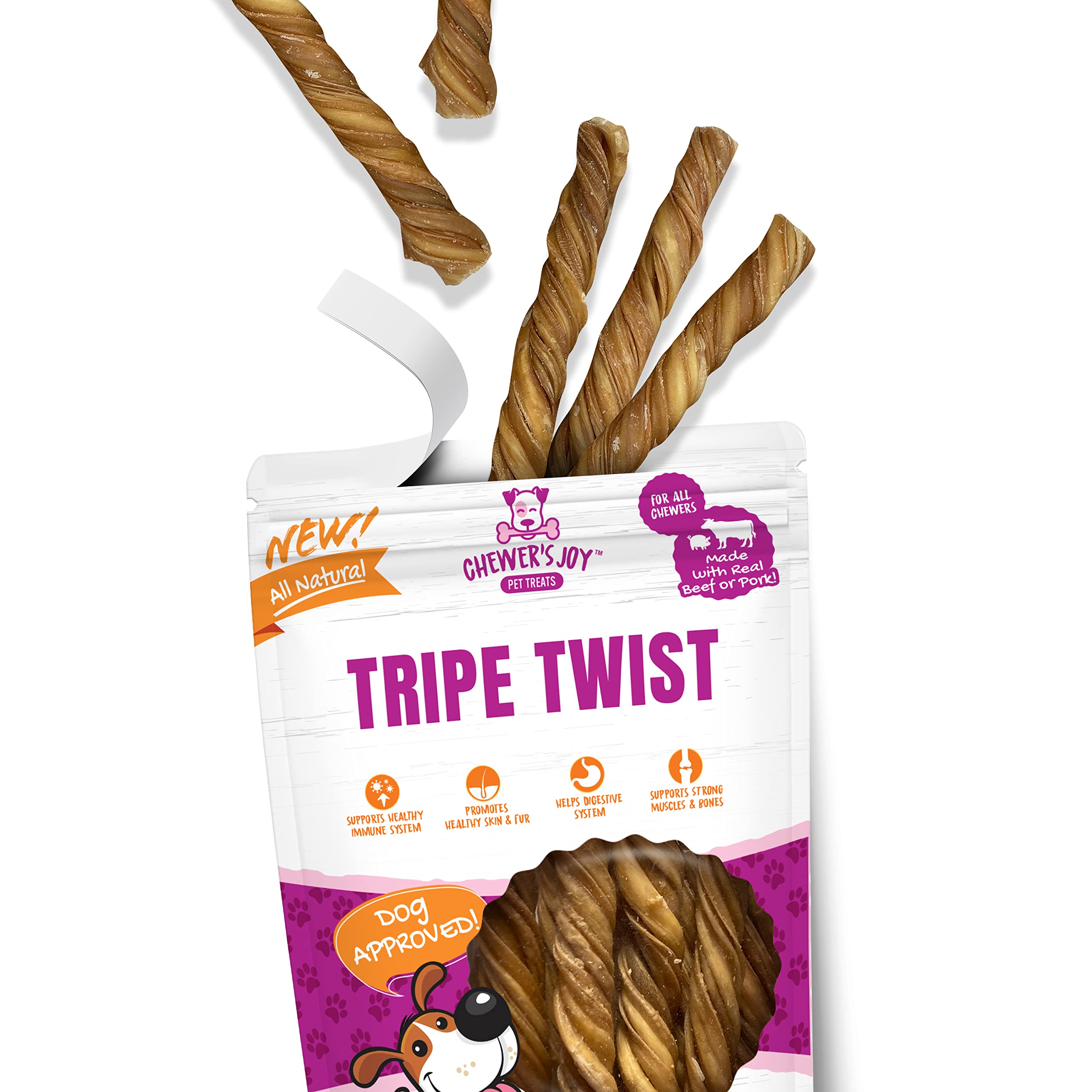 Chewer's Joy Tripe Twist 15pk 6-7in, Premium Quality, High in Protein for Strong Muscles and Bones, Minerals Like Iron & Zinc Naturally Present to Help Boost Immune System. Long Lasting chew