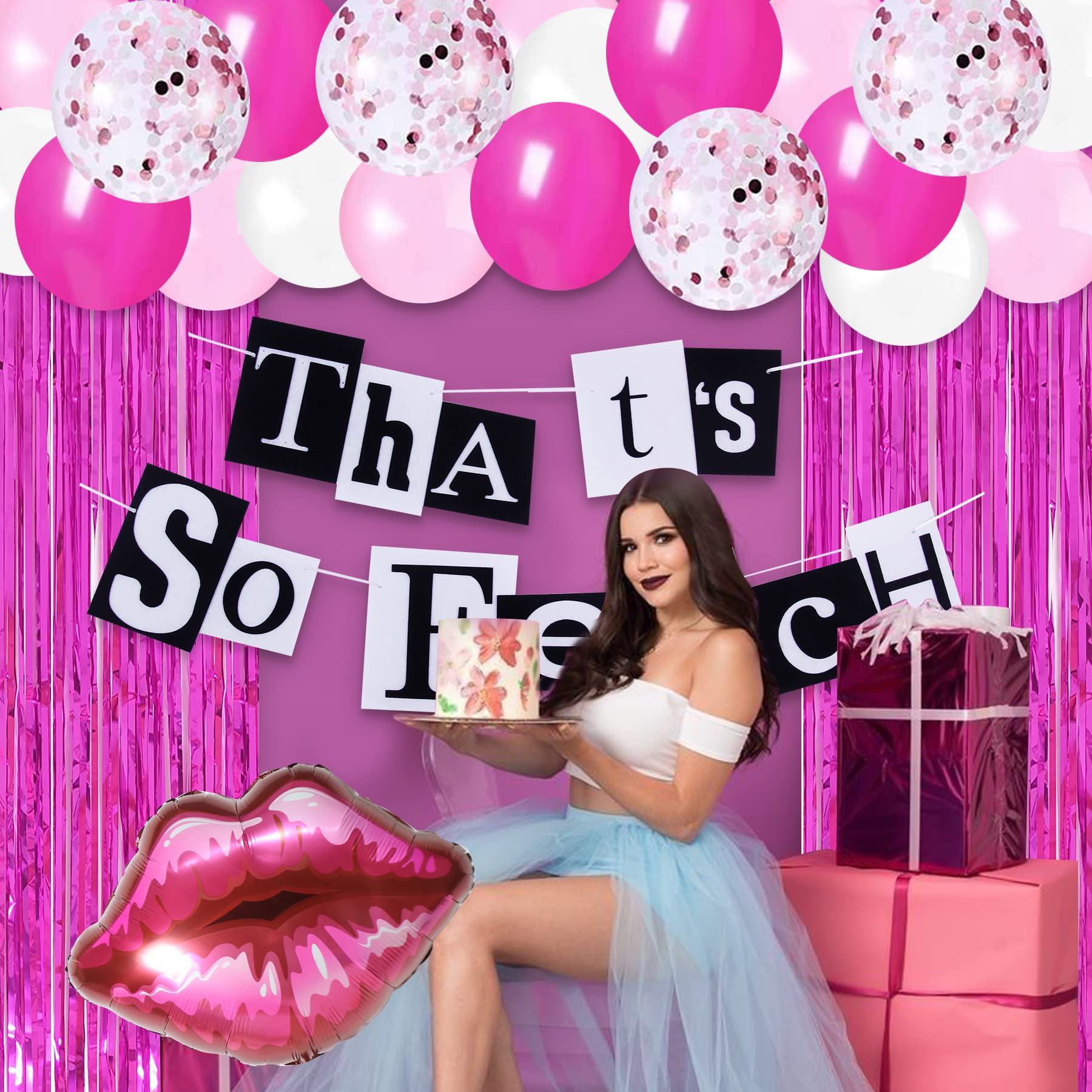 HOMEZZO Mean Girls Party Decorations - That's So Fetch Felt Banner, Hot Pink Tinsel Curtain, Lip Balloon for Y2K Hot Pink Bridal Shower Wedding Girls Birthday Bachelorette Party Supplies