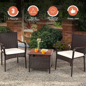 HAPPYGRILL 3-Piece Patio Bistro Set with Coffee Table & Umbrella Hole, Rattan Wicker Chairs Set with Umbrella Stand Table, Soft Cushions, Outdoor Furniture Set for Balcony Porch Poolside Garden