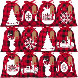 aneco 12 pieces christmas drawstring gift bags red and black plaid drawstring bags with 24 kraft paper tags and 16 feet rope cotton xmas gift bags for christmas party supplies, 12 x 10 inch