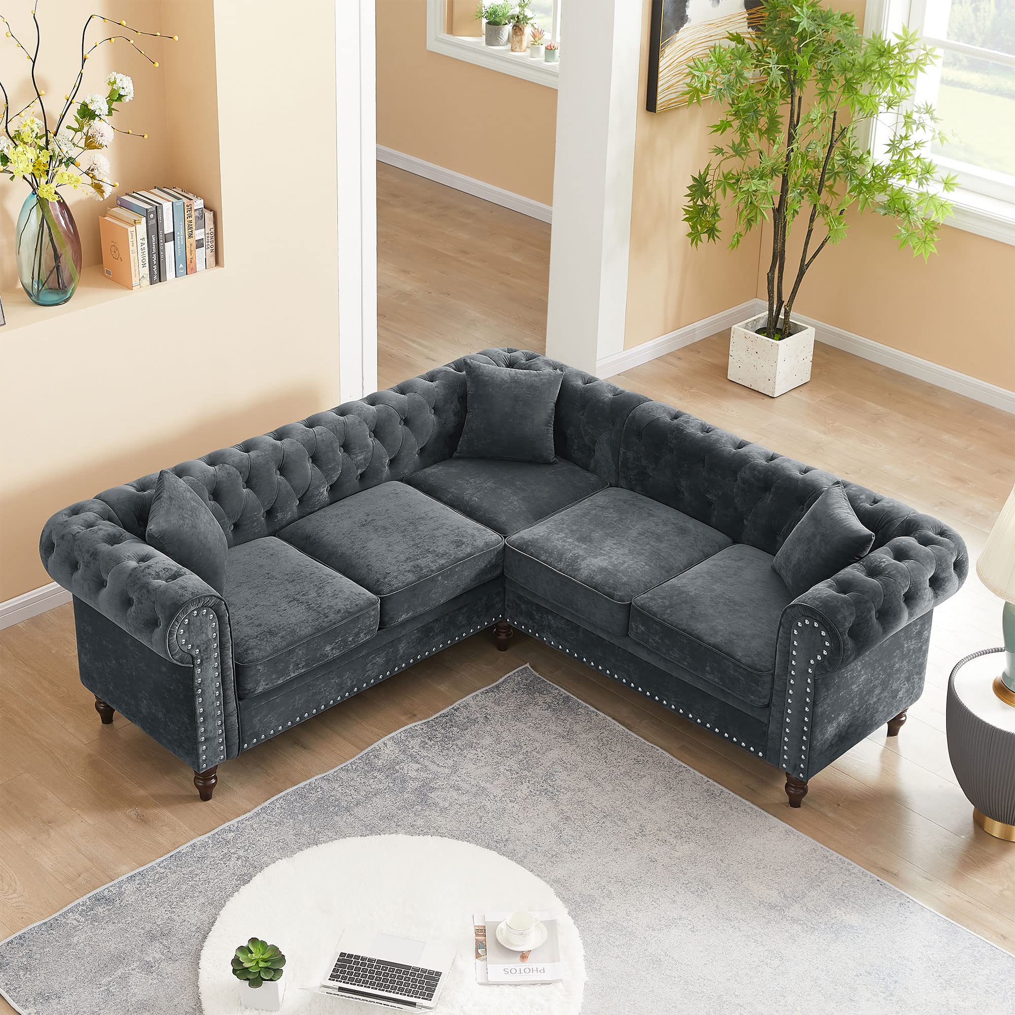 Merax L-Shaped 80" Deep Sofa Couch, Luxury Classic Chesterfield L-Shaped Velvet Sofa, Button Tufted Upholstered Sectional Corner Sofa with 3 Pillows and Solid Wood Gourd Legs