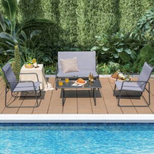 Tangkula 4 Pieces Patio Furniture Set, Outdoor Conversation Set with Tempered Glass Coffee Table, Metal Frame, Breathable Fabric, Indoor & Outdoor Chat Set of 4, for Patio, Poolside, Garden (Gray)