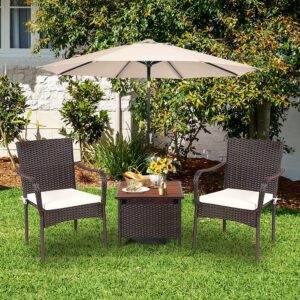 HAPPYGRILL 3-Piece Patio Bistro Set with Coffee Table & Umbrella Hole, Rattan Wicker Chairs Set with Umbrella Stand Table, Soft Cushions, Outdoor Furniture Set for Balcony Porch Poolside Garden