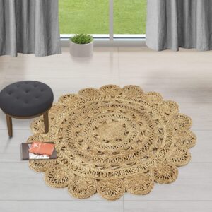 GRUHUM Handwoven 4ft Jute Area Rug-Natural Fiber Round Handmade Boho Farmhouse Rustic Vintage Soft Braided Reversible Rug-Indoor EcoFriendly Kitchen Bedroom Living Room Hallways Enterways 4'feet Round