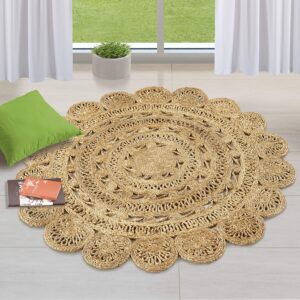 gruhum handwoven 4ft jute area rug-natural fiber round handmade boho farmhouse rustic vintage soft braided reversible rug-indoor ecofriendly kitchen bedroom living room hallways enterways 4'feet round