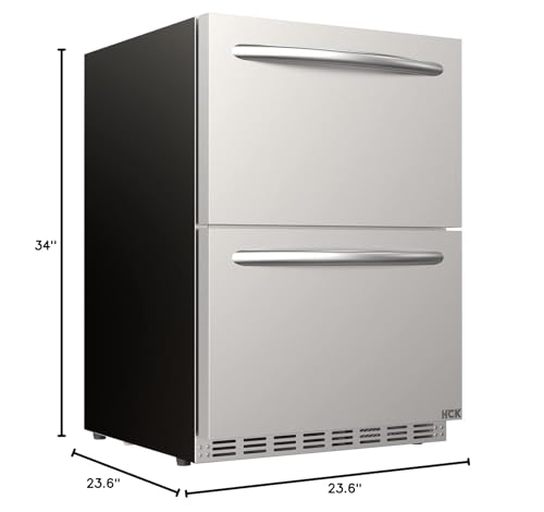 HCK Under Counter Outdoor Refrigerator, 24 Inch Double Drawer Fridge with Weatherproof Stainless Steel, Fast Cooling, Outdoor Beverage Refrigerator for Patio, Ideal for Home & Commercial Use