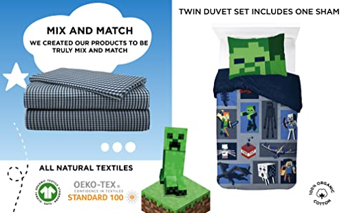 Saturday Park Minecraft Emblematic Twin Duvet Cover & Sham Set - 2 Piece 100% Organic Cotton Duvet Set Features Creeper, Alex & Steve - GOTS & Oeko-TEX Certified (Minecraft Official)