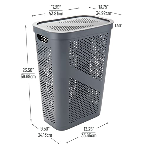 Mind Reader 60L Slim Laundry Hamper, Clothes Basket, Lid, Ventilated, Plastic, 17.25"L x 13.75"W x 23.5"H, Gray