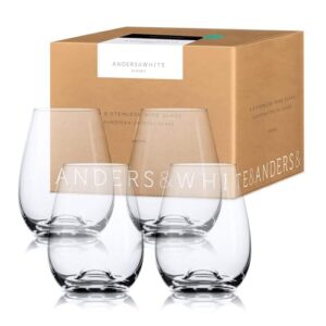 anders & white - 'hosking' stemless wine glasses. lead and toxin free european crystal. 4x 15.6 ounces (460ml) glasses. universal red and white wine glasses. ideal water tumbler.