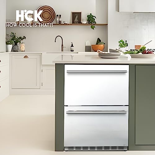 HCK Under Counter Outdoor Refrigerator, 24 Inch Double Drawer Fridge with Weatherproof Stainless Steel, Fast Cooling, Outdoor Beverage Refrigerator for Patio, Ideal for Home & Commercial Use