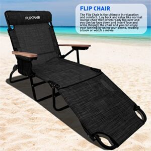 EasyGo Product FLIP Face Down Tanning Chaise Lounge Chair with Face & Arm Holes-4 Legs Support-Textilene Material-6 Position-Arm Head Rest Pillow-Beach or Home Use-PATENTS Pending, Black