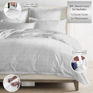 Pizuna Cotton Full Duvet Cover Set, 300 Thread Count Long Staple Cotton Sateen Weave with Button Closure (Combed Checks Luxury White Cotton Duvet Cover Full)