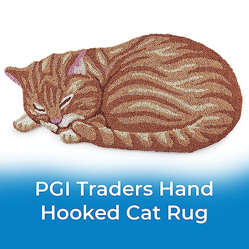 SAGEFINDS Hand Hooked Cat Rug | Orange Tabby Shaped Accent Mat | Cute Sleeping Kitty Area Rug | 17” x 35”