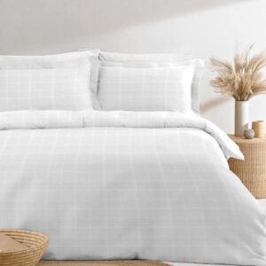 Pizuna Cotton Full Duvet Cover Set, 300 Thread Count Long Staple Cotton Sateen Weave with Button Closure (Combed Checks Luxury White Cotton Duvet Cover Full)