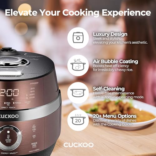 CUCKOO CRP-JHR0609F 6-Cup (Uncooked) / 12-Cup (Cooked) Induction Heating Pressure Rice Cooker with Nonstick Inner Pot, 16 Menu Options, Fuzzy Logic Tech, 3 Voice Guide, Auto Clean (Copper/Black)