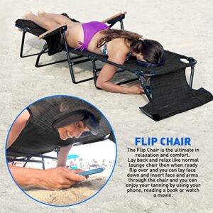 EasyGo Product FLIP Face Down Tanning Chaise Lounge Chair with Face & Arm Holes-4 Legs Support-Textilene Material-6 Position-Arm Head Rest Pillow-Beach or Home Use-PATENTS Pending, Black