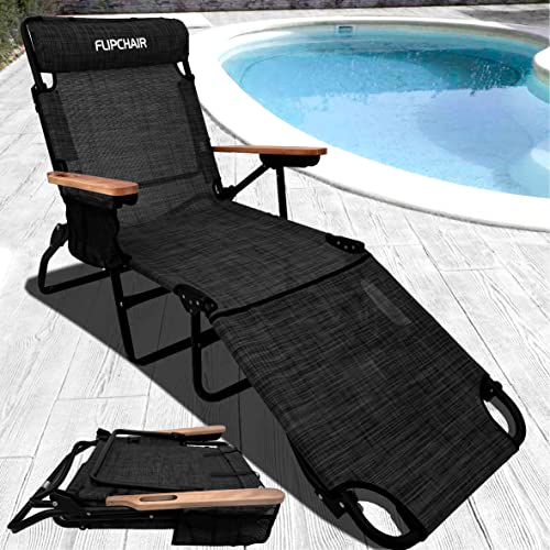 EasyGo Product FLIP Face Down Tanning Chaise Lounge Chair with Face & Arm Holes-4 Legs Support-Textilene Material-6 Position-Arm Head Rest Pillow-Beach or Home Use-PATENTS Pending, Black