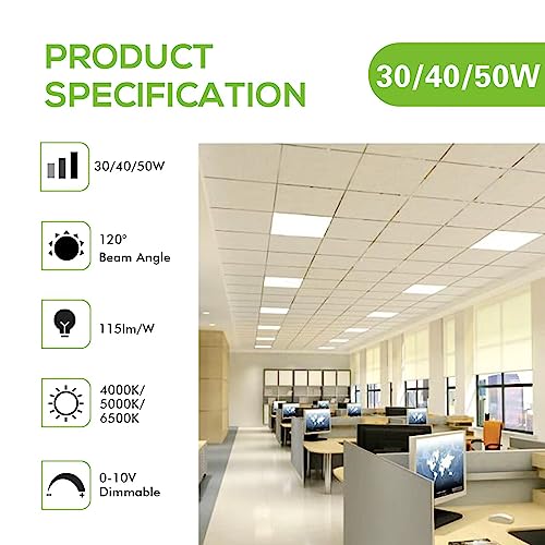 hykolity 2x2 FT LED Flat Panel Troffer Light, 30/40/50W, CCT Selectable 4000K/5000K/6500K Drop Ceiling Office Lights, 115LM/W, 0-10V Dimmable Ultra Slim Recessed Back-lit Fixture, ETL 6 Pack