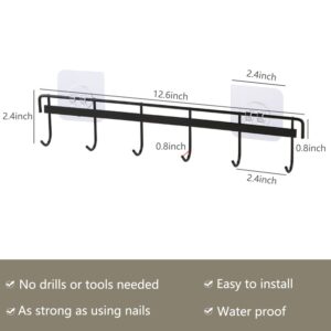 2 Pack Adhesive Wall Hooks Rack Kitchen Rail, Space Saving Heavy Duty Wall Hooks Hanger with 6 Hooks for Kitchen Bathroom Bedroom Closet, Kitchen Utensil for Hanging Knives, Spoon, Towel (Black)