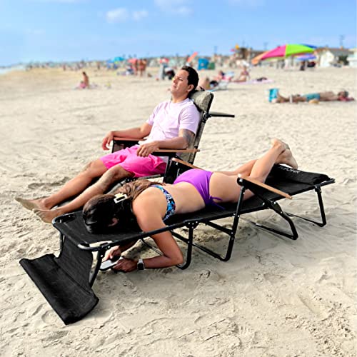 EasyGo Product FLIP Face Down Tanning Chaise Lounge Chair with Face & Arm Holes-4 Legs Support-Textilene Material-6 Position-Arm Head Rest Pillow-Beach or Home Use-PATENTS Pending, Black