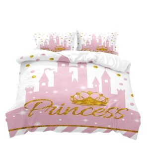 LUVIVIHOME 3PCS Pink Bedding, White Duvet Cover Full, Kids Bedding, Gold Glitter Crown Castle Fairy Tale Princess Comforter Bedspread Quilt Cover, Pink Room Decor for Teen Girls Bedding 2 Pillow Shams