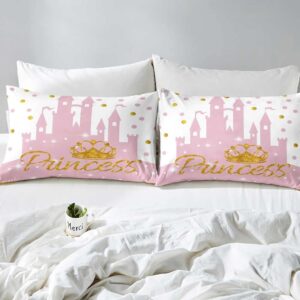 LUVIVIHOME 3PCS Pink Bedding, White Duvet Cover Full, Kids Bedding, Gold Glitter Crown Castle Fairy Tale Princess Comforter Bedspread Quilt Cover, Pink Room Decor for Teen Girls Bedding 2 Pillow Shams