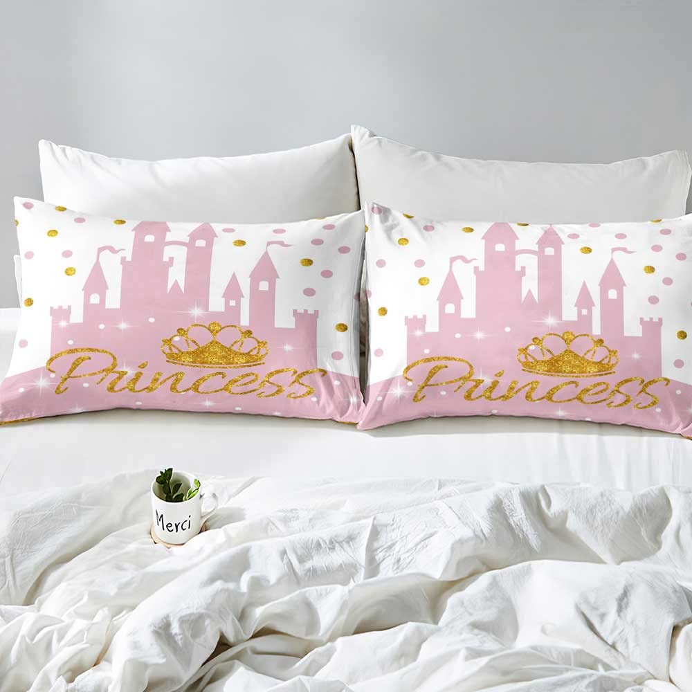 LUVIVIHOME 3PCS Pink Bedding, White Duvet Cover Full, Kids Bedding, Gold Glitter Crown Castle Fairy Tale Princess Comforter Bedspread Quilt Cover, Pink Room Decor for Teen Girls Bedding 2 Pillow Shams