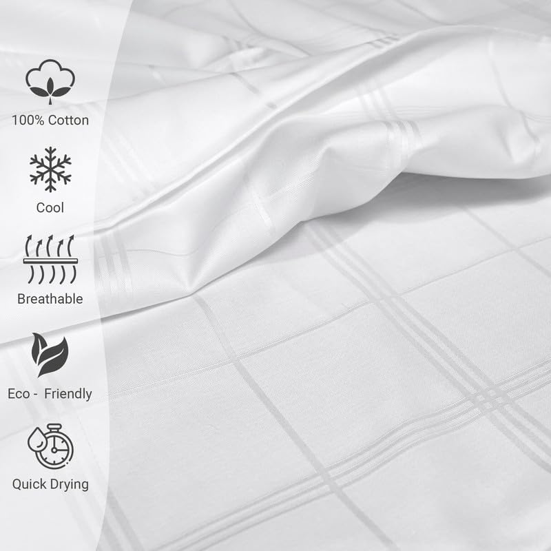 Pizuna Cotton Full Duvet Cover Set, 300 Thread Count Long Staple Cotton Sateen Weave with Button Closure (Combed Checks Luxury White Cotton Duvet Cover Full)