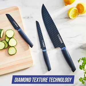 Blue Diamond Sharp Stone Nonstick Stainless Steel Cutlery, 4 Piece Set including Chef Santoku Serrated and Pairing Knives with Covers, Diamond Texture Blade, Dishwasher Safe, Blue