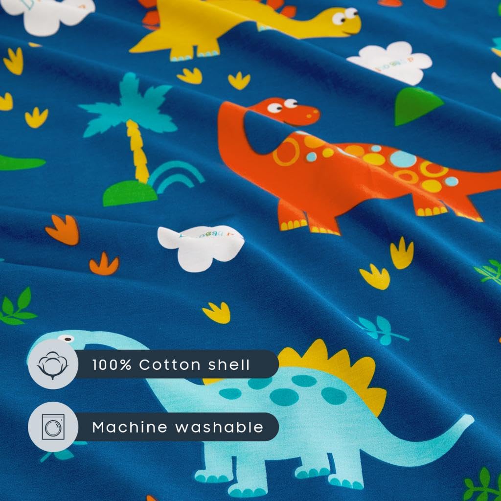 Wake In Cloud - Sleeping Bag Zippered, Nap Mat with Matching Pillow for Kids Boys Girls Sleepover Overnight Travel Slumber Bag, Dinosaurs Printed on Navy Blue, 100% Cotton with Microfiber Fill