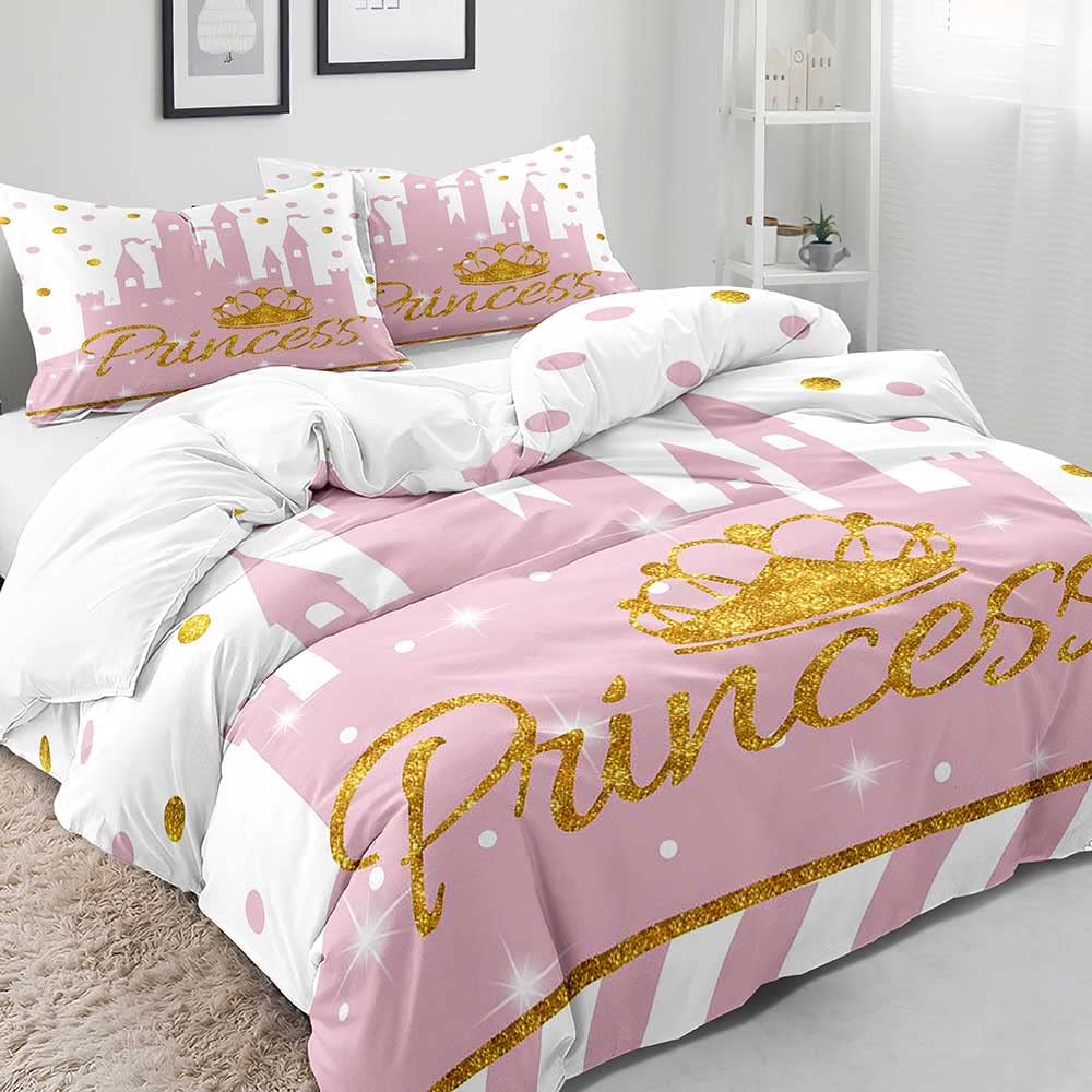 LUVIVIHOME 3PCS Pink Bedding, White Duvet Cover Full, Kids Bedding, Gold Glitter Crown Castle Fairy Tale Princess Comforter Bedspread Quilt Cover, Pink Room Decor for Teen Girls Bedding 2 Pillow Shams