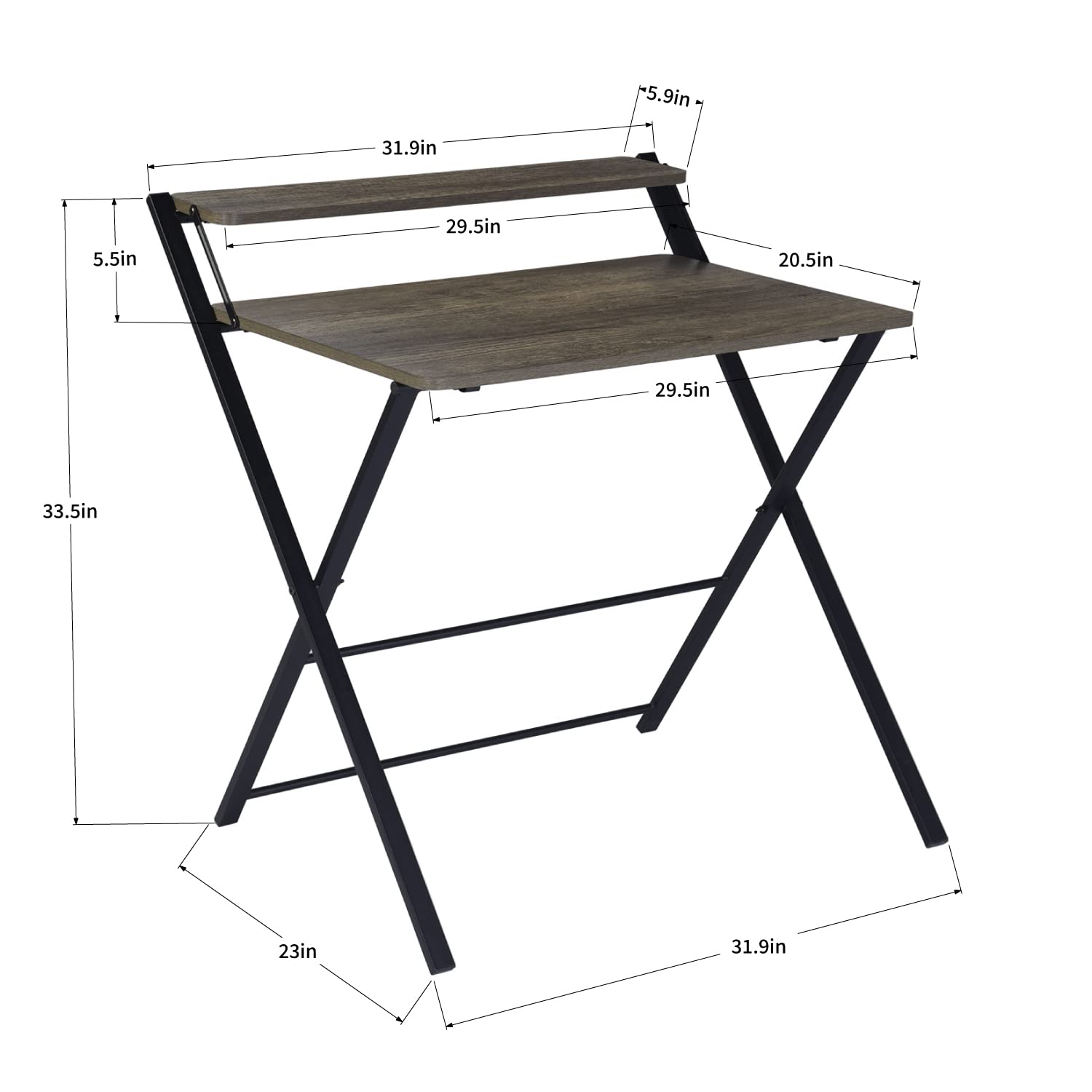 FurnitureR 32'' Folding Desk No Assembly Required Desk 2 Tier Computer Desk for Study Home Office, Portable Foldable Laptop Table with Metal Frames/Wood Top, Rustic Brown