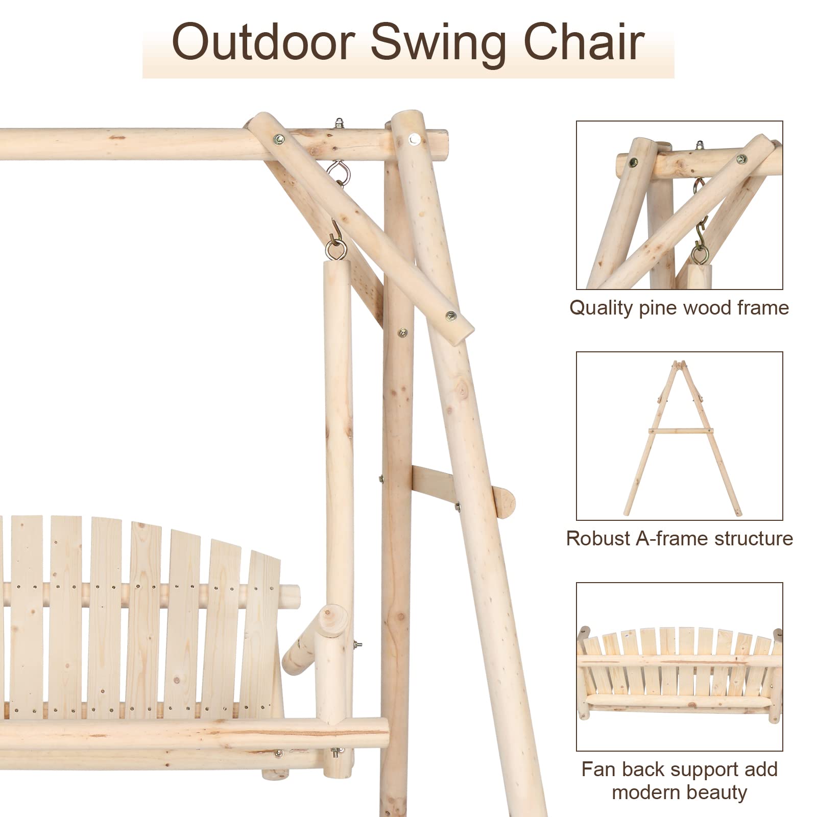 VINGLI Heavy Duty 880 LBS Wooden Patio Porch Swing with A-Frame Stand, Hanging Swing Bench Chair with Frame for Outside, Yard, Garden (Natural)