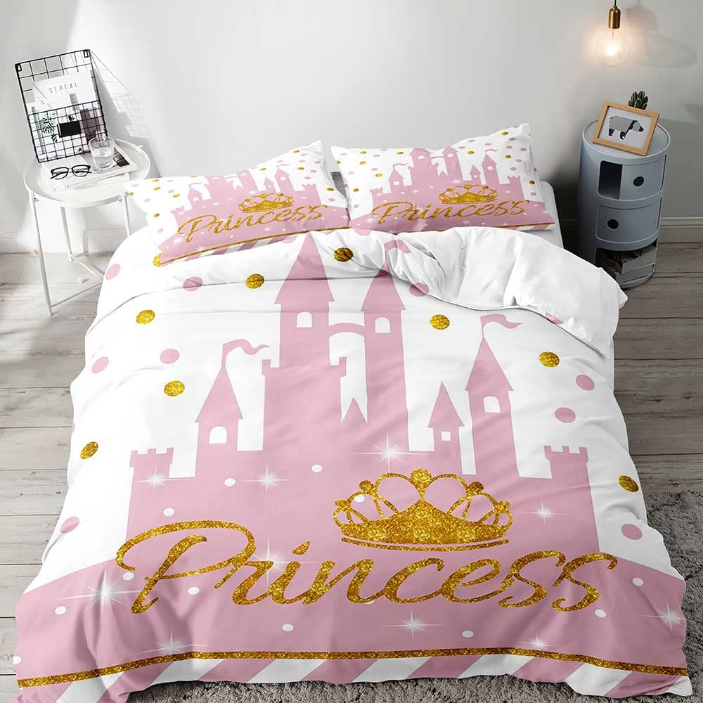 LUVIVIHOME 3PCS Pink Bedding, White Duvet Cover Full, Kids Bedding, Gold Glitter Crown Castle Fairy Tale Princess Comforter Bedspread Quilt Cover, Pink Room Decor for Teen Girls Bedding 2 Pillow Shams