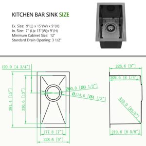 9 Inch Black Undermount Small Bar Sink, Swift Horse 9"x15" 16Gauge Black Stainless Steel Small Undermount Bar Sinks