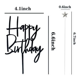 Set of 1 Black Acrylic Happy birthday Cake Topper,5 pcs silvery Star Cake Cupcake Topper(Black 1)