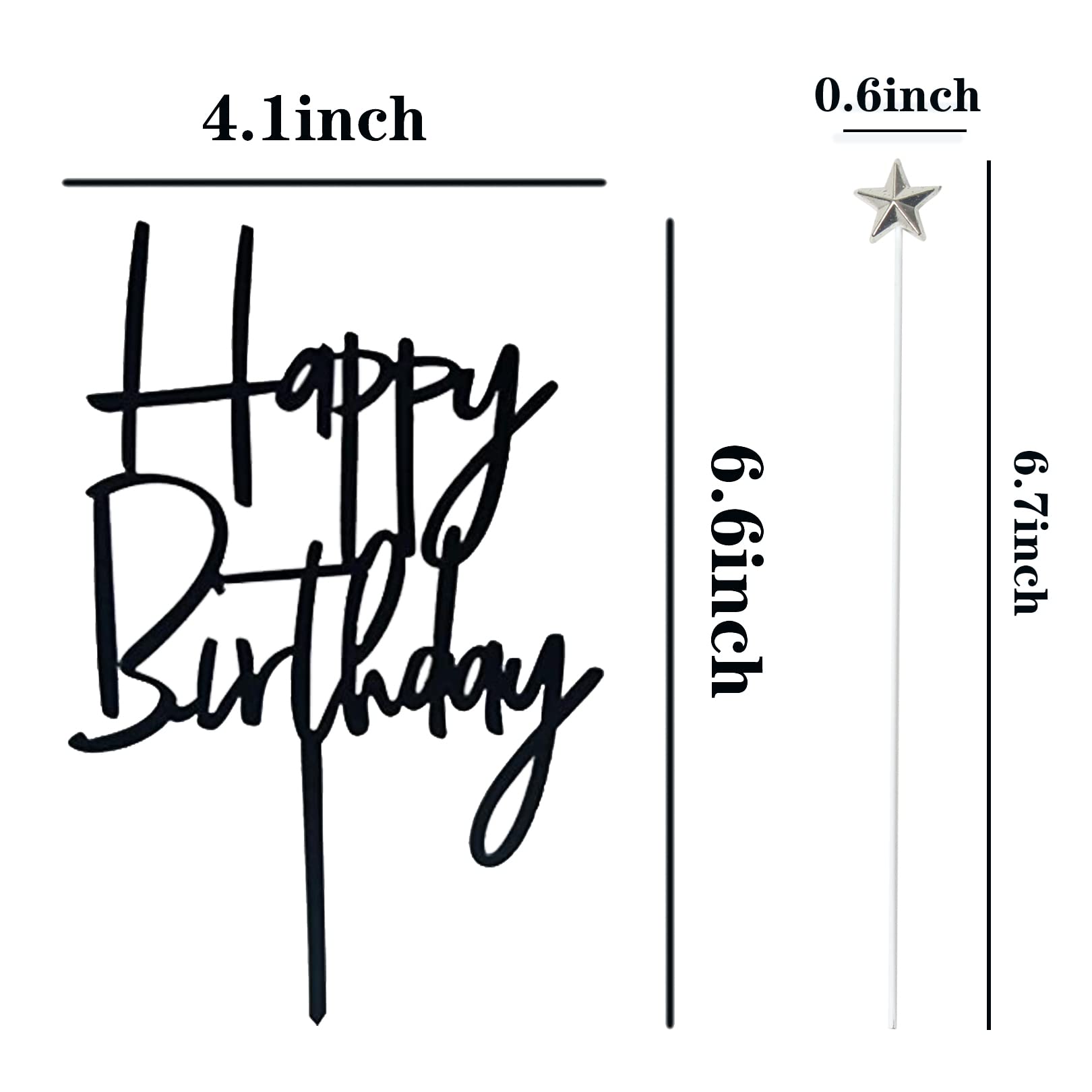 Set of 1 Black Acrylic Happy birthday Cake Topper,5 pcs silvery Star Cake Cupcake Topper(Black 1)