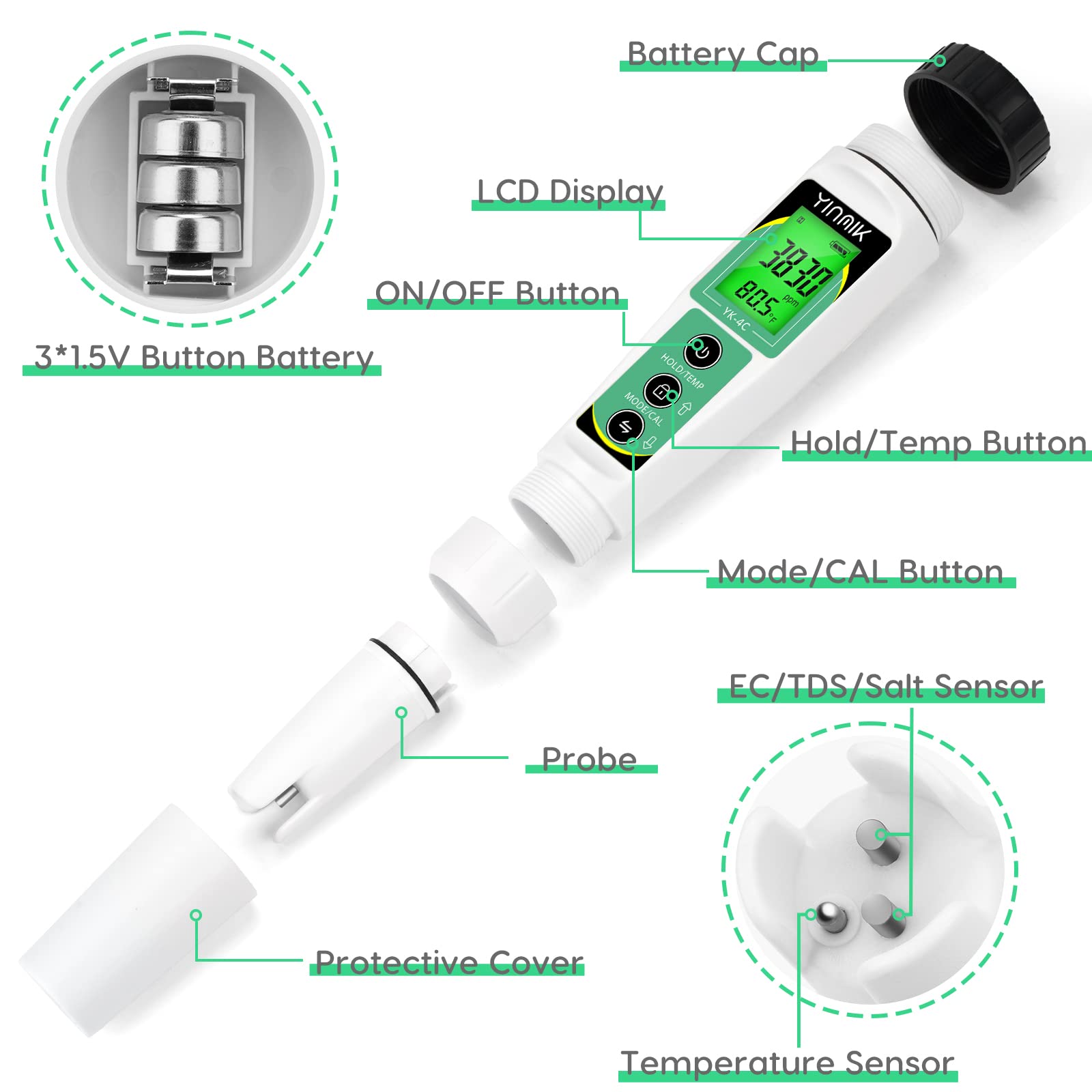 YINMIK EC Salt TDS Meter 4 in 1 Salinity Conductivity TDS Temperature Meter for Hydroponics, Waterproof PPM Water Tester with Backlit for Salt Water Pool, Nutrients, Aquarium, Aquaponics