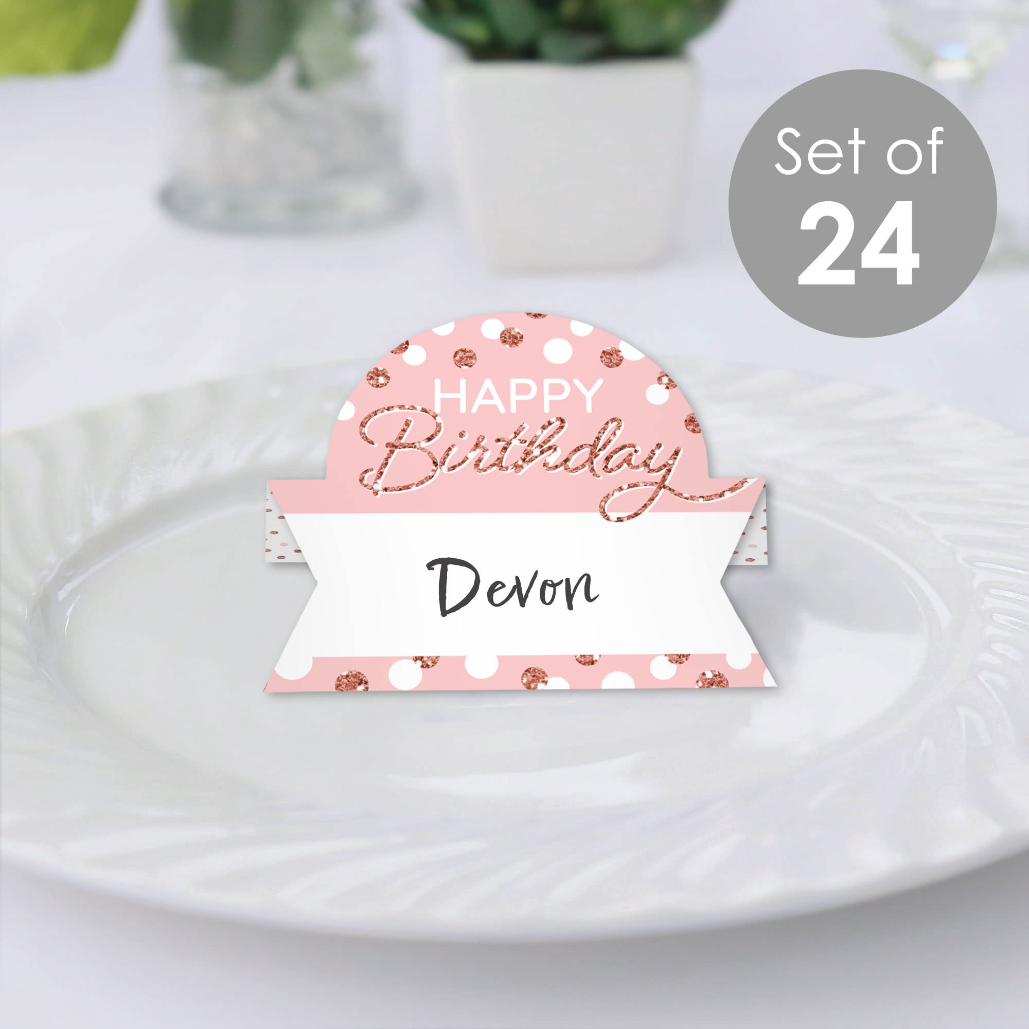 Big Dot of Happiness Pink Rose Gold Birthday - Happy Birthday Party Tent Buffet Card - Table Setting Name Place Cards - Set of 24