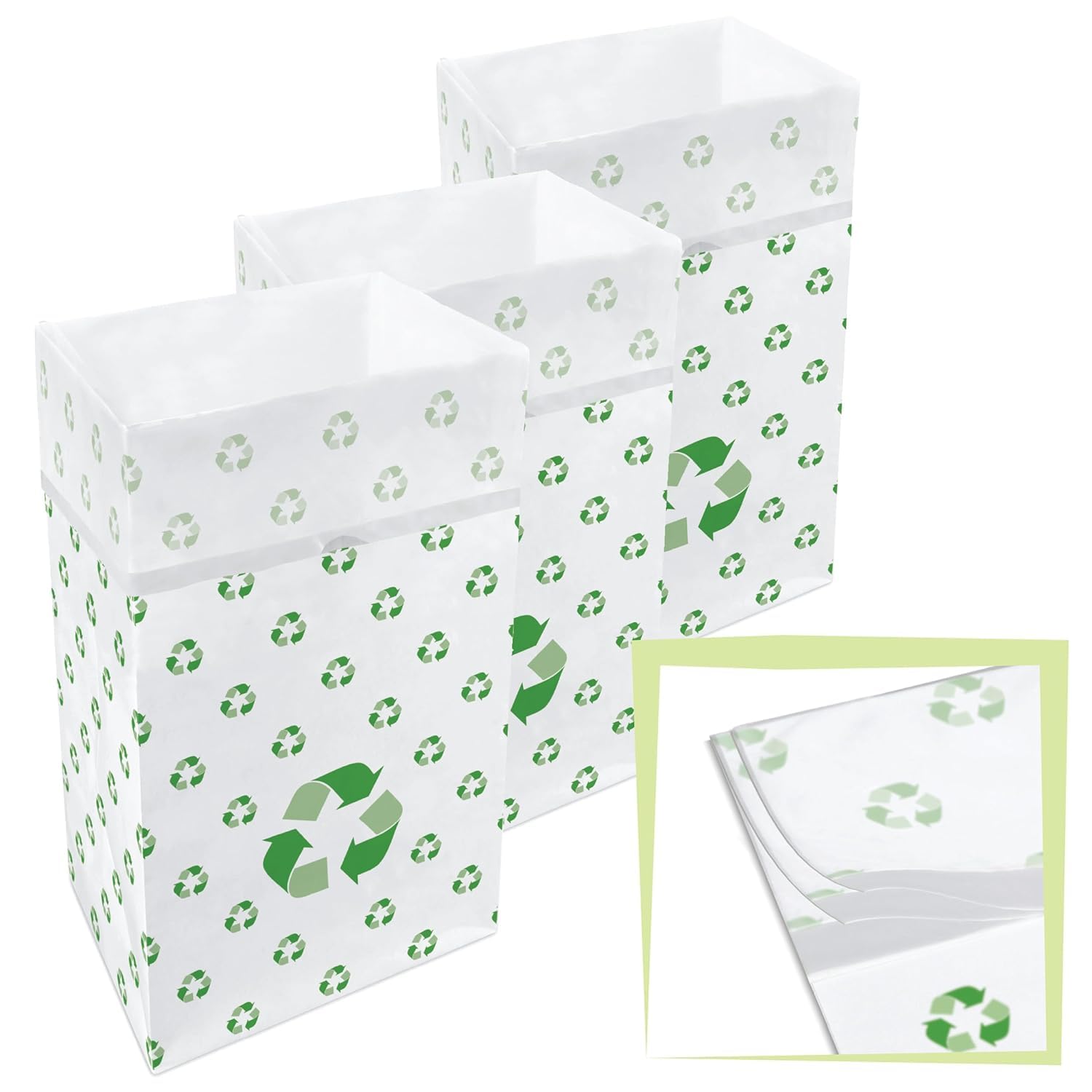 Clean Cubes 30 Gallon Multi-Liner Disposable Trash Cans (3-Pack). Reusable Garbage and Recycling Bins for Parties, Events, and More (Recycle Pattern - 30” Height x 17” Width x 14” Depth) (Recycle)